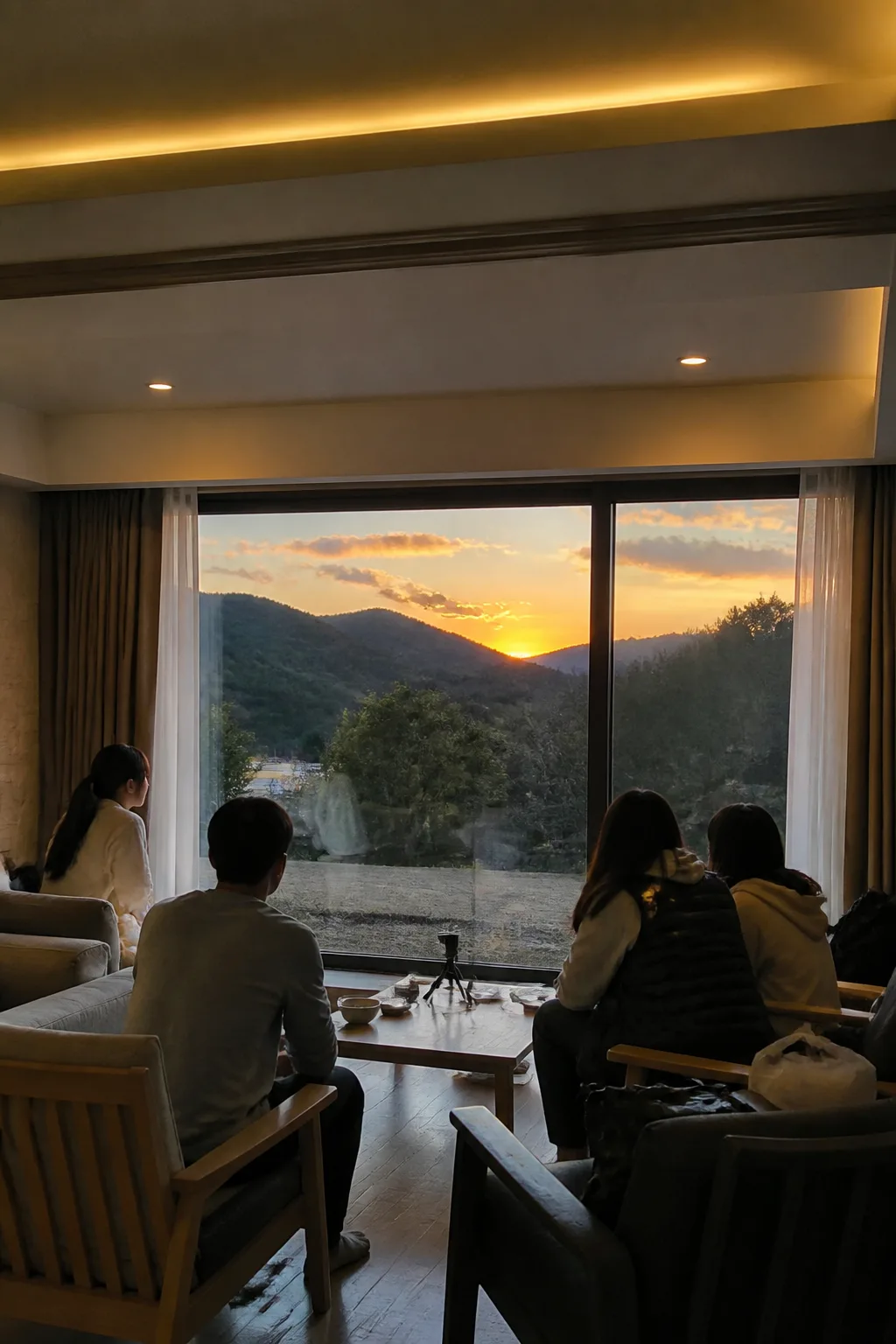 해 지기 전 대전 근교 펜션에 도착한 가족·친구 여행객과 노을 풍경