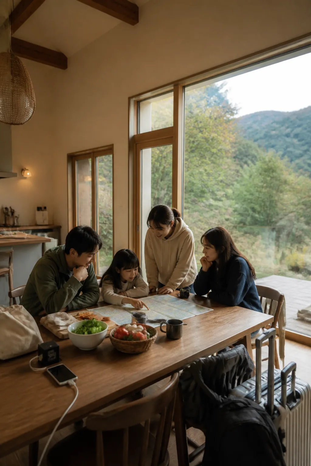대전펜션 공용 테이블에서 가족과 친구들이 여행 일정을 살펴보는 모습
