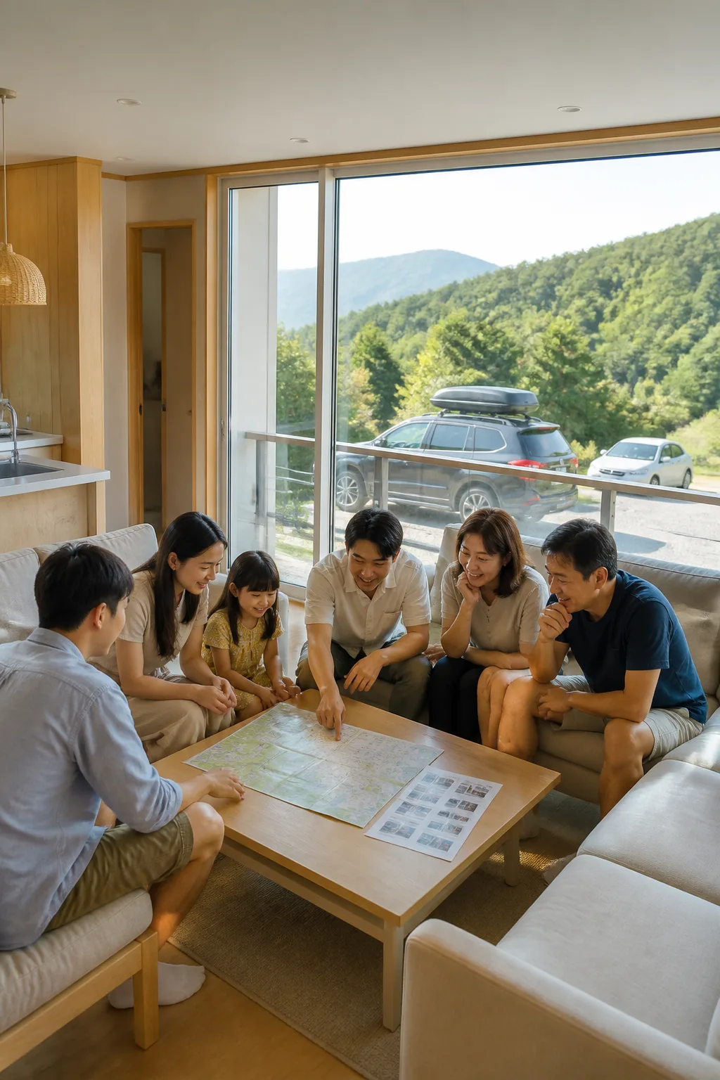 가족과 친구들이 대전펜션 거실에서 여행 일정과 숙소 조건을 확인하는 모습