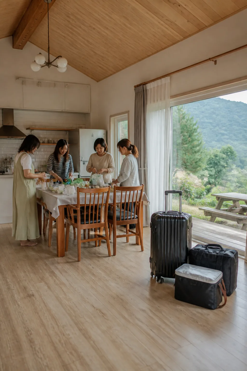 장보기한 식재료와 여행 가방을 정리하며 휴식을 준비하는 대전펜션 가족·친구 모임