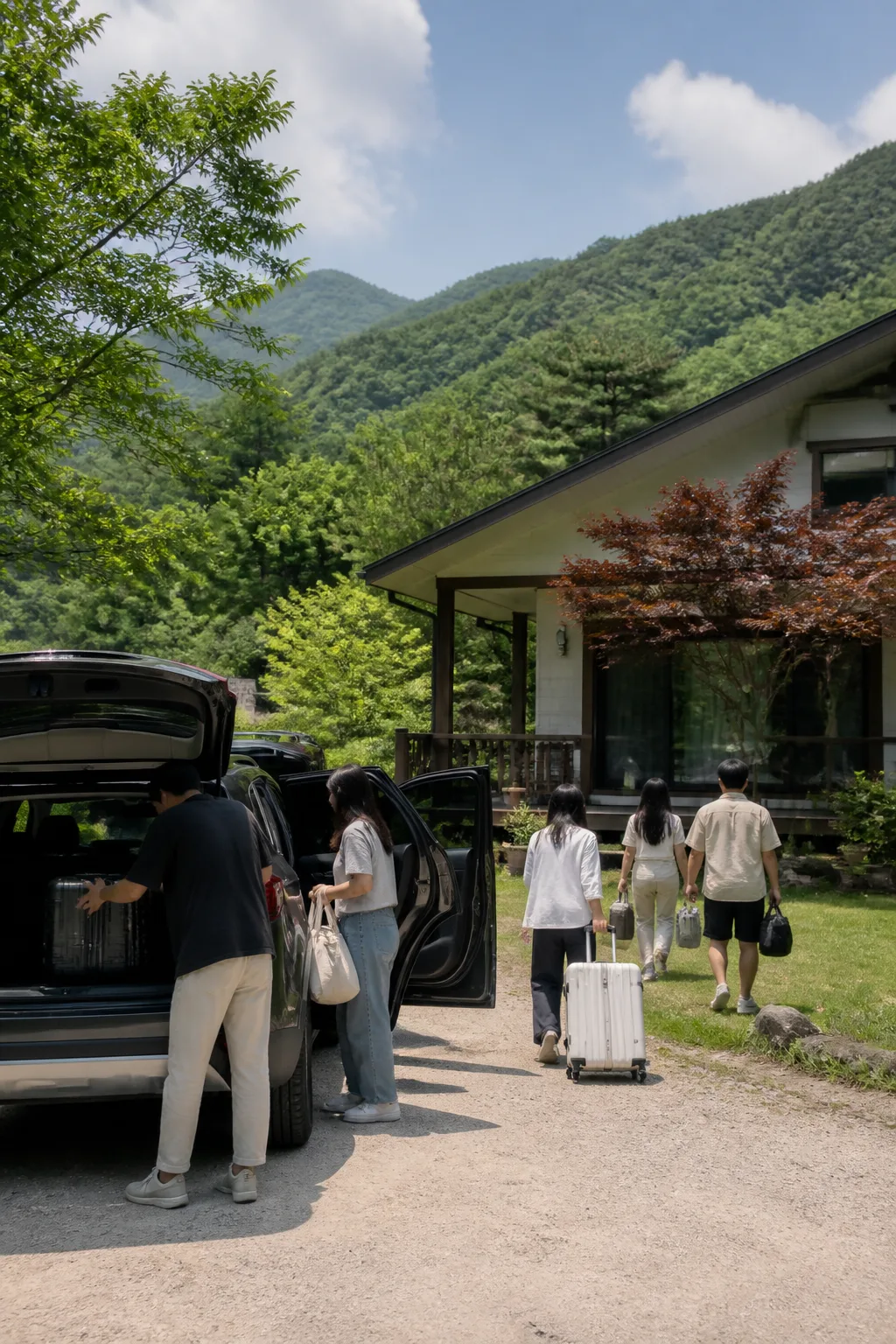 대전펜션 앞 주차 공간에서 가족과 친구들이 짐을 내리는 근교 숙소 여행 장면