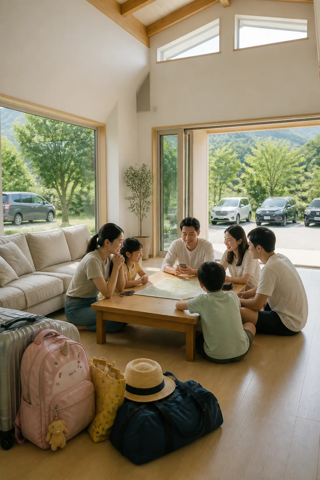 가족과 친구들이 모임을 준비하는 대전펜션 거실과 주차 공간