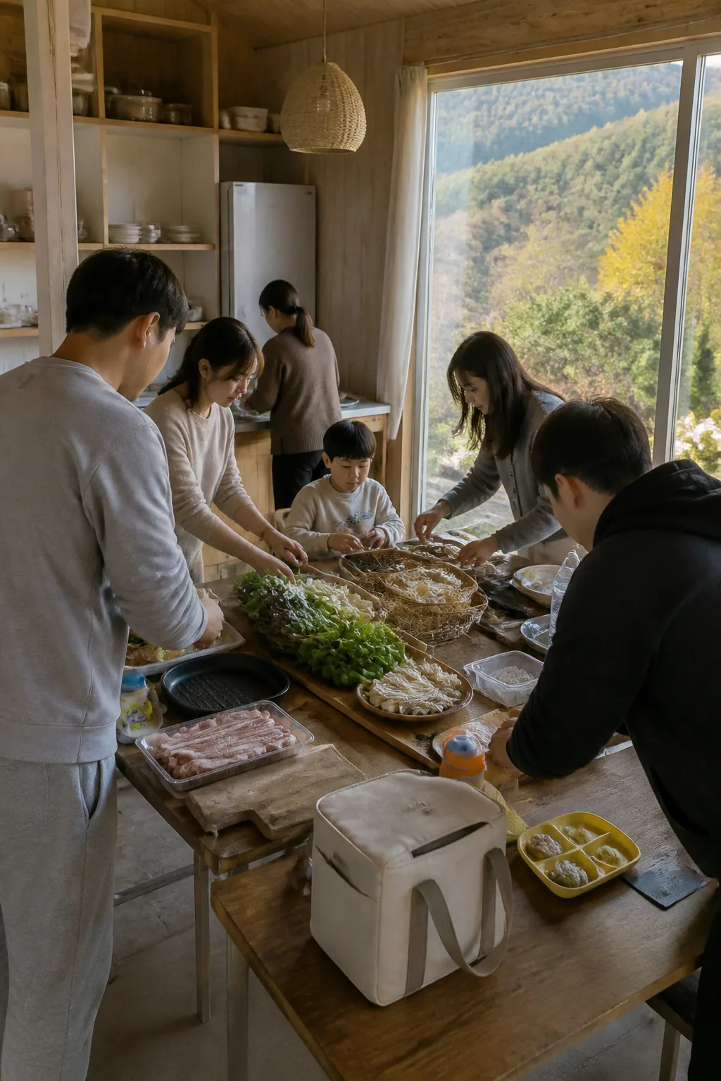 대전펜션 주방과 식탁에서 가족·친구들이 식단별 음식을 준비하는 모습
