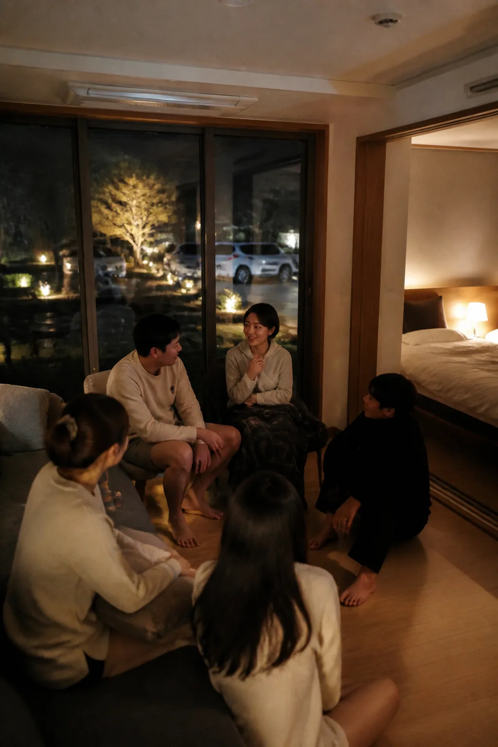 밤의 조명과 주차 공간이 보이는 대전 근교 펜션에서 가족·친구 모임을 즐기는 모습