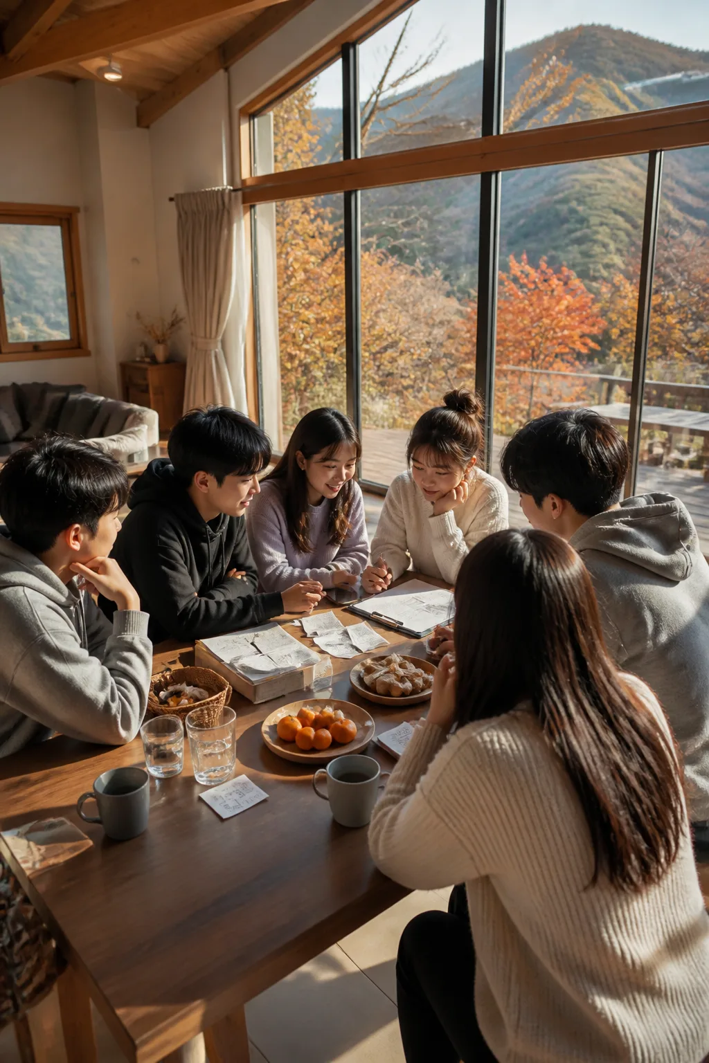 대전펜션에서 가족과 친구들이 객실과 여행 비용을 함께 정리하는 모습