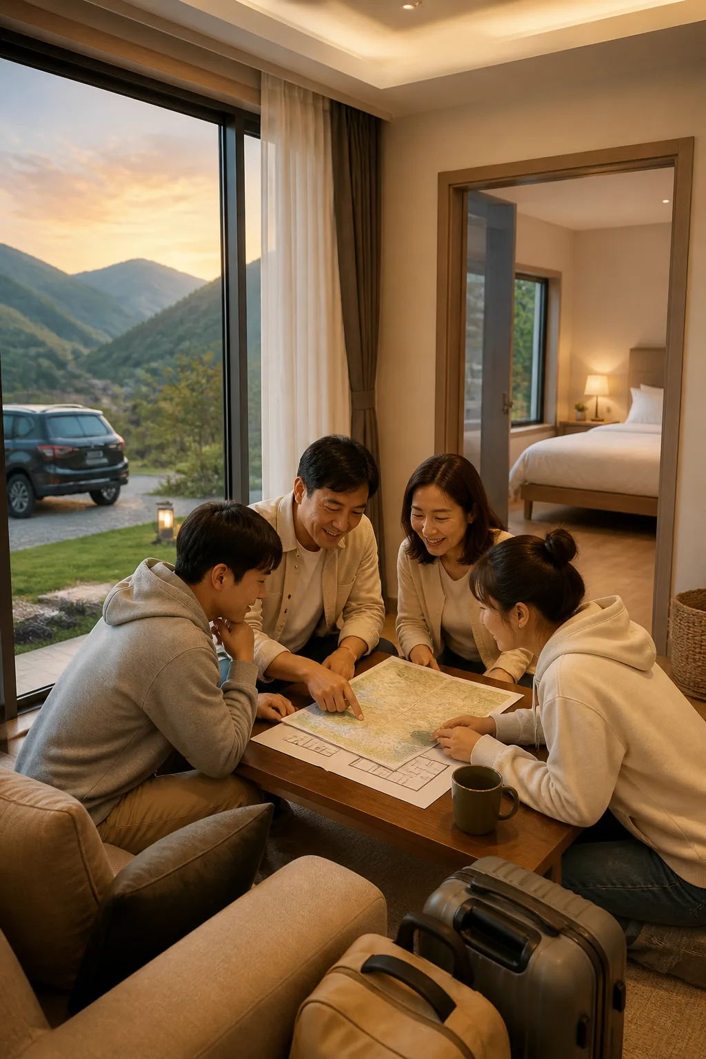 객실 배정표를 확인하며 대전펜션 여행을 준비하는 가족과 친구들