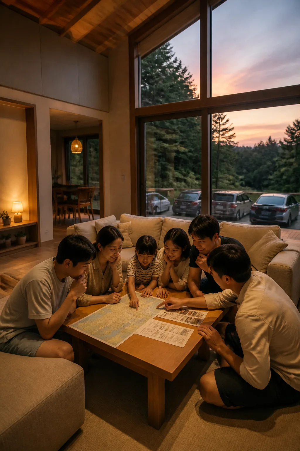 대전펜션에서 가족과 친구들이 객실 구조와 여행 일정을 함께 비교하는 모습