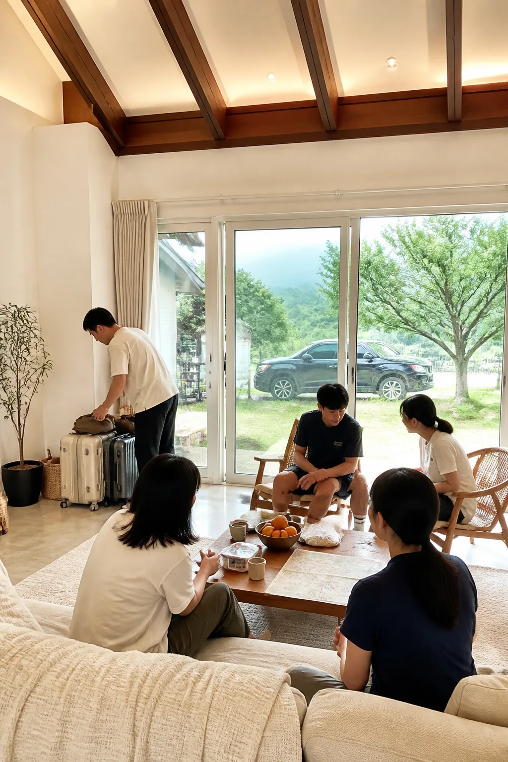 대전펜션 거실에서 가족과 친구들이 여행 가방과 공동 물품을 정리하며 근교 휴식을 준비하는 모습