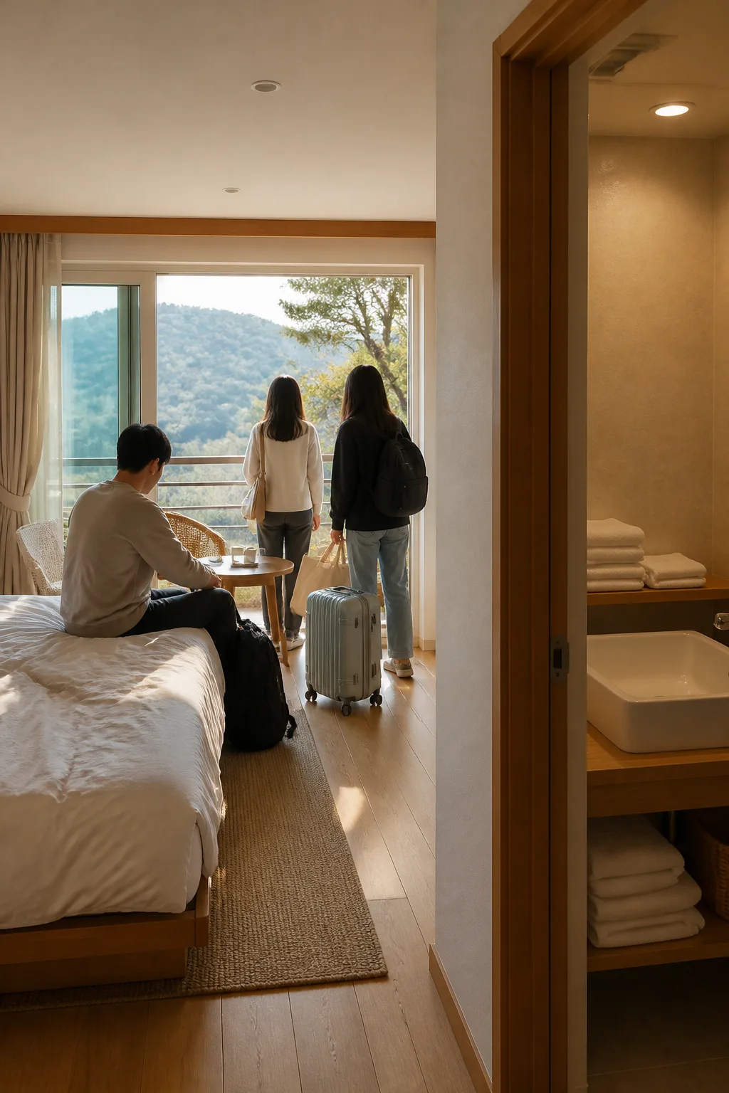대전펜션에서 가족과 친구들이 욕실과 세면 공간을 이용하며 외출을 준비하는 모습