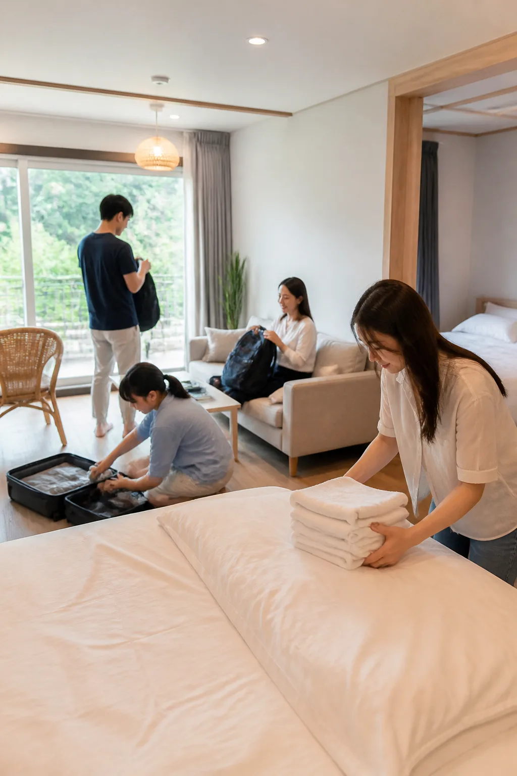 대전펜션 객실에서 가족과 친구들이 침구와 수건을 확인하며 짐을 정리하는 모습