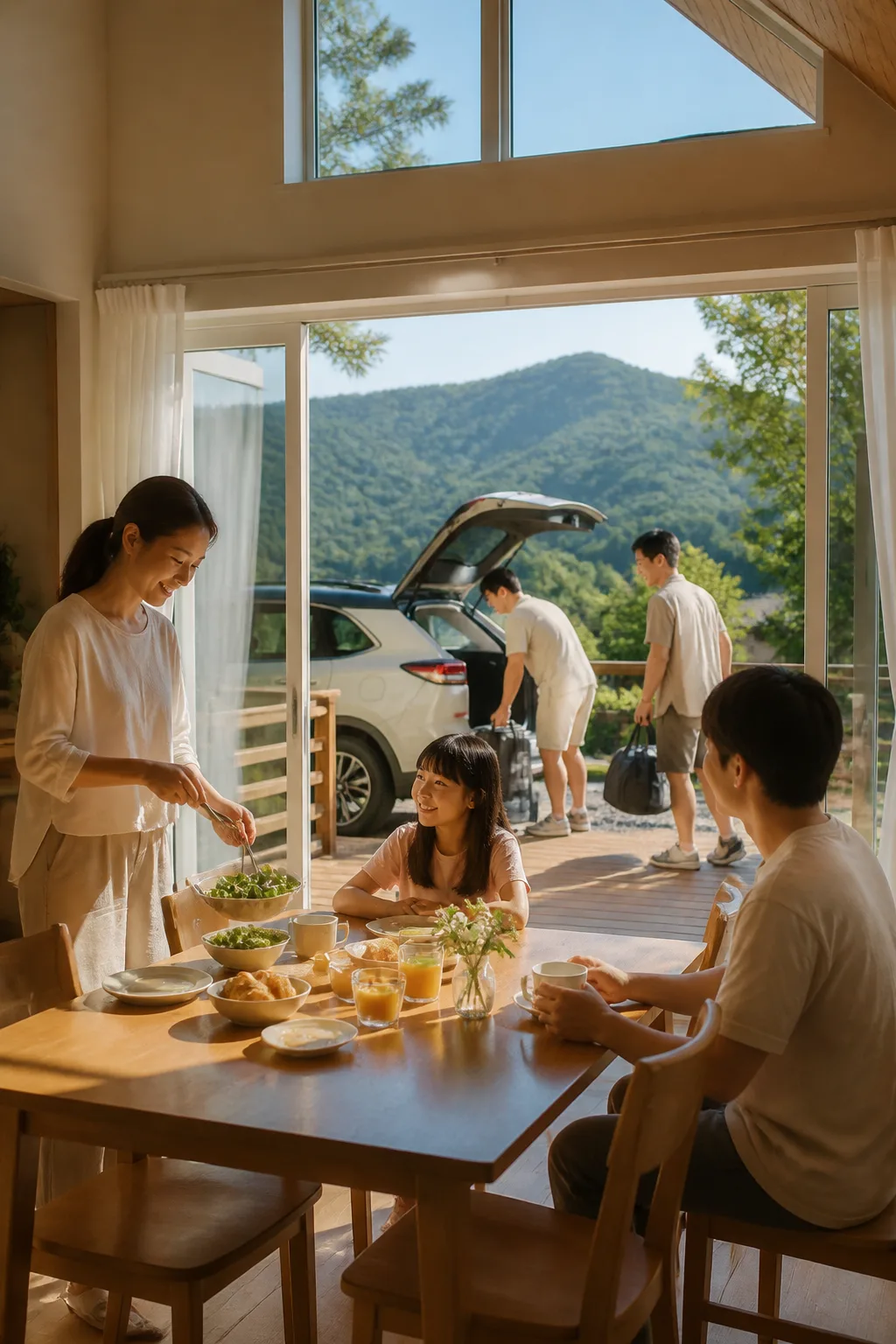 대전펜션에서 가족과 친구들이 아침 식사와 출발 준비를 하는 모습