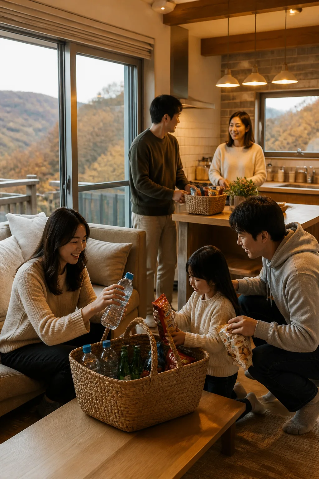 대전펜션에서 가족과 친구들이 식수와 간식을 정리하는 단체 여행 장면